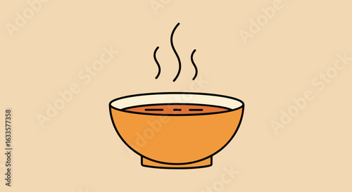 Steaming bowl of soup, orange with white rim, on tan background