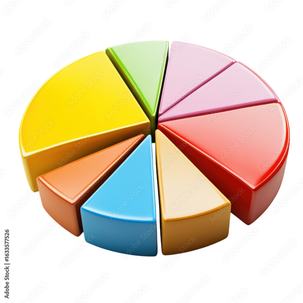 Fototapeta premium Colorful pie chart segments representing data analysis, market share, and financial statistics for business presentations and reports on transparent background