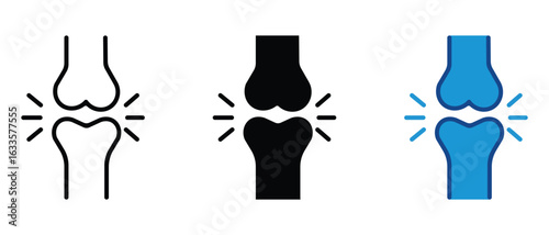Set of three icons representing a joint with radiating lines indicating pain or inflammation, isolated on white background