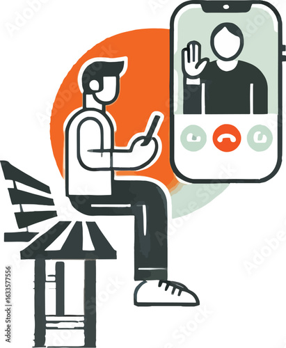 Man on bench video calling on phone communication