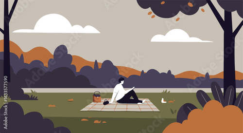 Person enjoys picnic at the park on a blanket with trees and cloudy skies