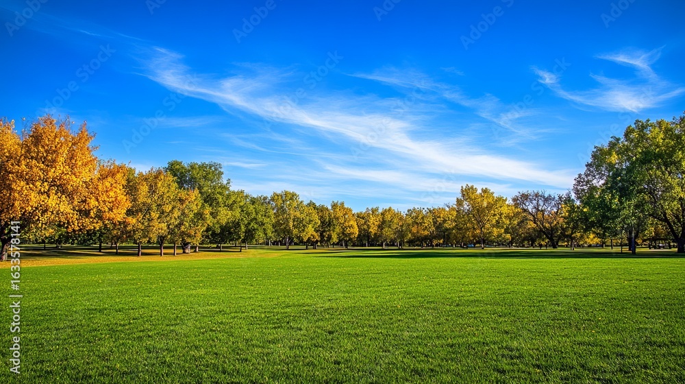 Fototapeta premium Sunny autumn park scene with golden trees and a vibrant green lawn