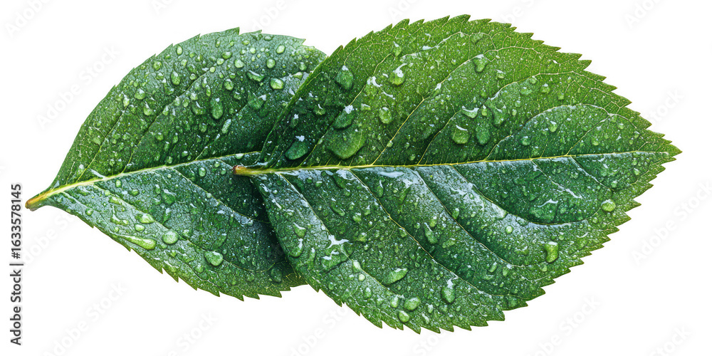 Fototapeta premium Close up of two vibrant green leaves with dew drops glistening on their textured surfaces showcasing natural beauty and freshness isolated on transparent background