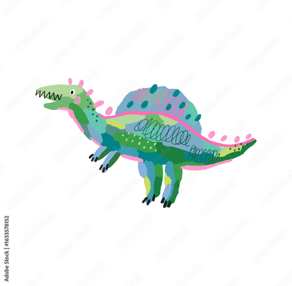 Fototapeta premium Hand drawn Abstract Dinosaur in modern artist painting style. Vector illustration. Dino sketch, line, geometric forms, polka dots, textute
