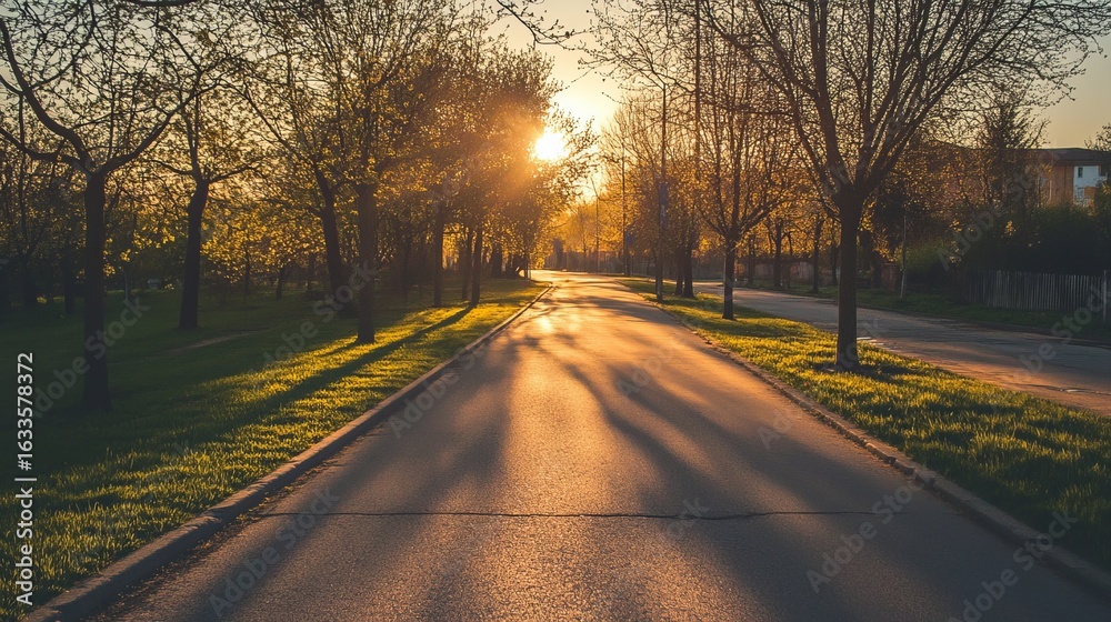 Fototapeta premium Sunset path through trees, long shadows on asphalt