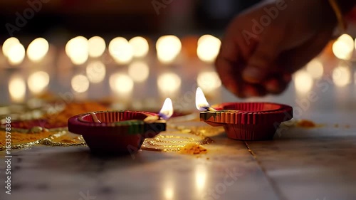 Lit Diya Oil Lamp on Colorful Rangoli Design During Diwali Festival