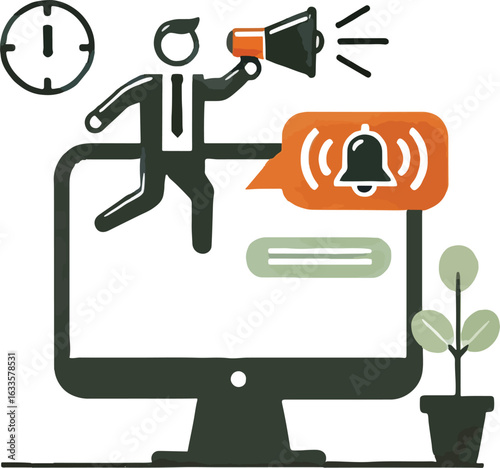 Man with megaphone announcing notification on computer screen