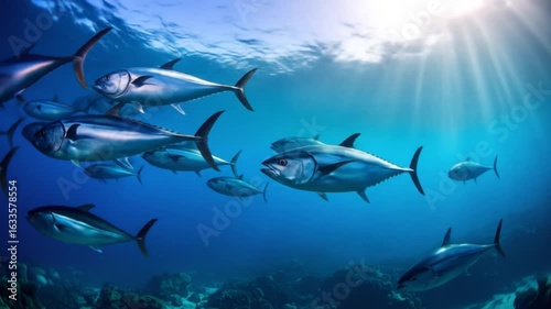 Tuna School Swimming Dynamically in Deep Blue Ocean with Sun Rays