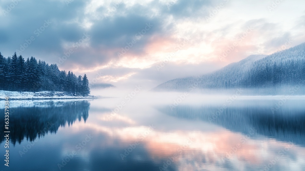 Fototapeta premium Winter sunrise over a calm lake, frosted trees reflected