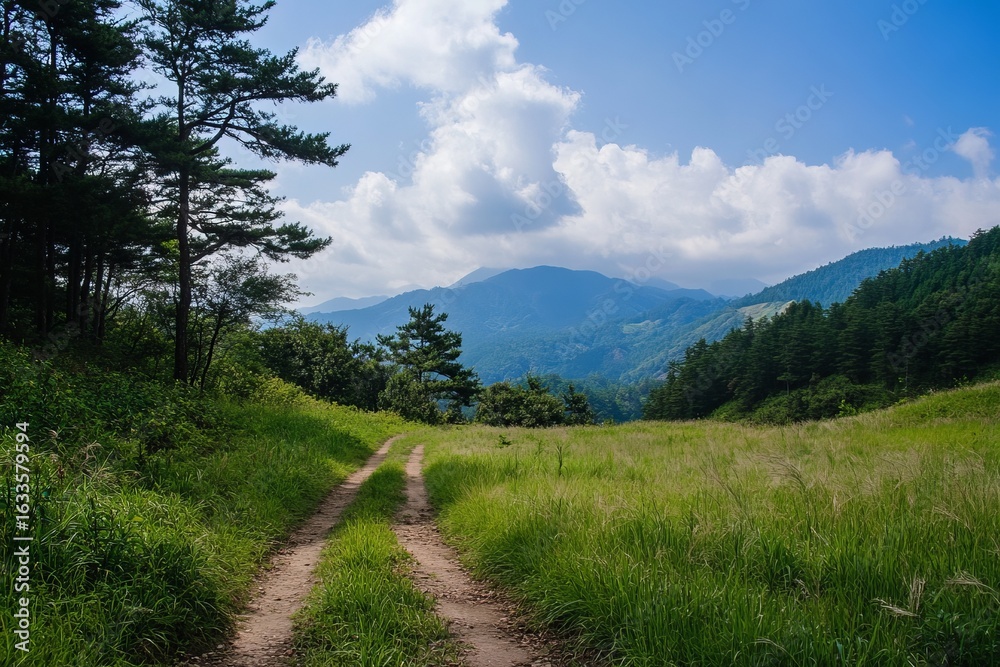 Obraz premium A dirt road winds through a grassy valley, leading to a distant mountain range, framed by lush green trees