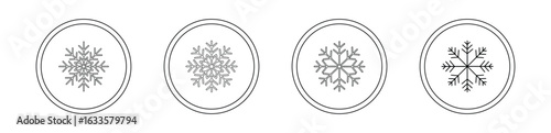 Modern thin line art snowflakes inside double circle frames on white background winter cold