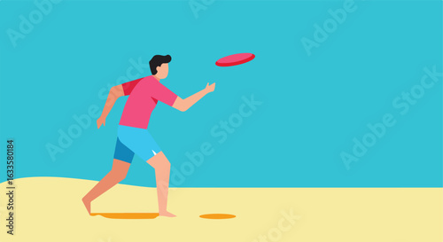 Person throwing a frisbee on beach with flat design