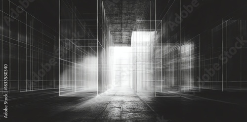 Futuristic Abstract Architecture Hallway with Bright Light and Geometric Lines