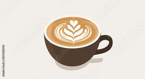Latte art in a brown ceramic cup on a tan background