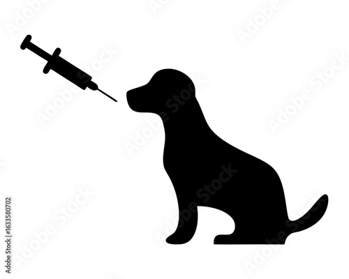 A black silhouette of a dog getting a vaccination with a syringe