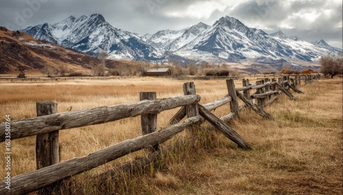 Rustic valley landscape with snowy peaks