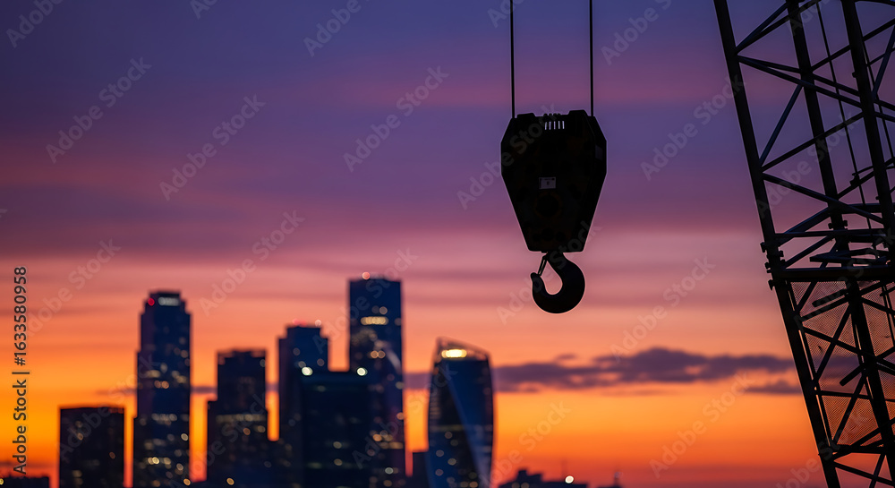 Dynamic city skyline at sunset with construction crane hook and steel structure, vibrant twilight sky Dynamic city skyline at sunset with construction crane hook and steel structure, vibrant twilight sky