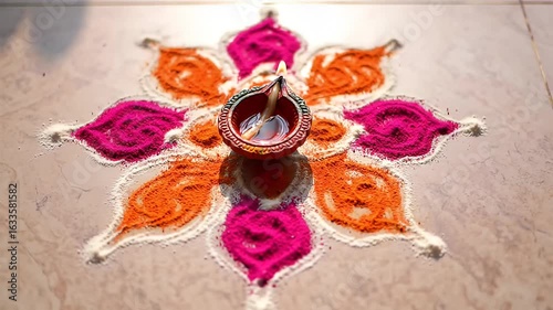 Lit Diya Oil Lamp Centered on Intricate Colorful Rangoli Floor Design