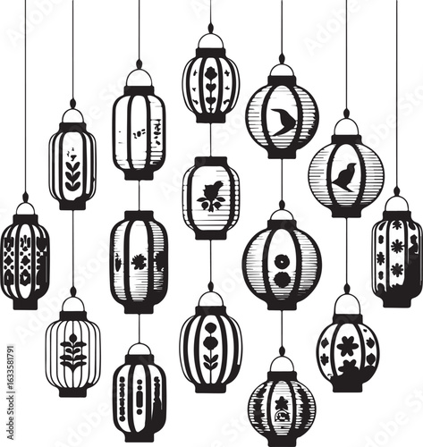 Elegant Array of Hanging Paper Lanterns Black and White Festive Asian Decorations