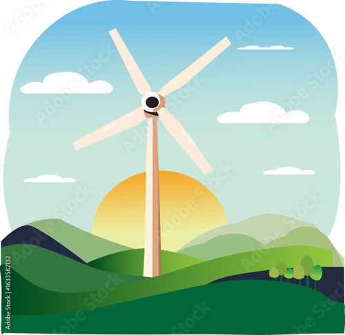 Wind turbine farm at sunset, creating renewable energy in a beautiful landscape. Concept of green power generation. Technology, Environment
