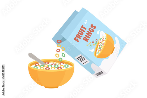 Fruit rings cereal box. Delicious breakfast. Diet food. Healthy food.
