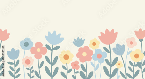 Floral illustration with pink, blue, and yellow flowers and leaves