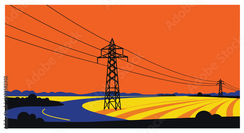 Rural landscape with power lines and towers against a orange sky