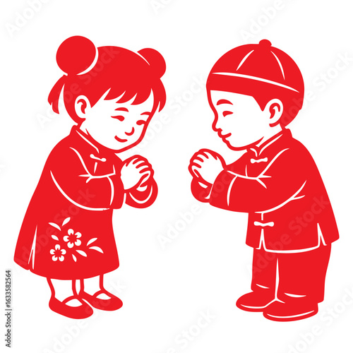 Two children in traditional attire exchanging a respectful greeting in red.