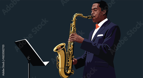 Musician plays saxophone near a music stand