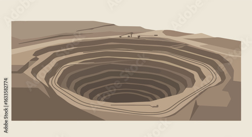 Layered illustration of a large pit mine in varied browns