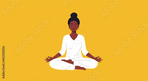 Woman in white clothes meditating on a yellow backdrop
