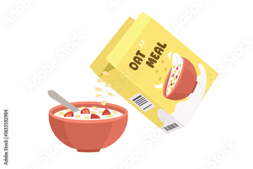 Serving oat with milk. Cereal box. Delicious oat. Oat meal. Product design.