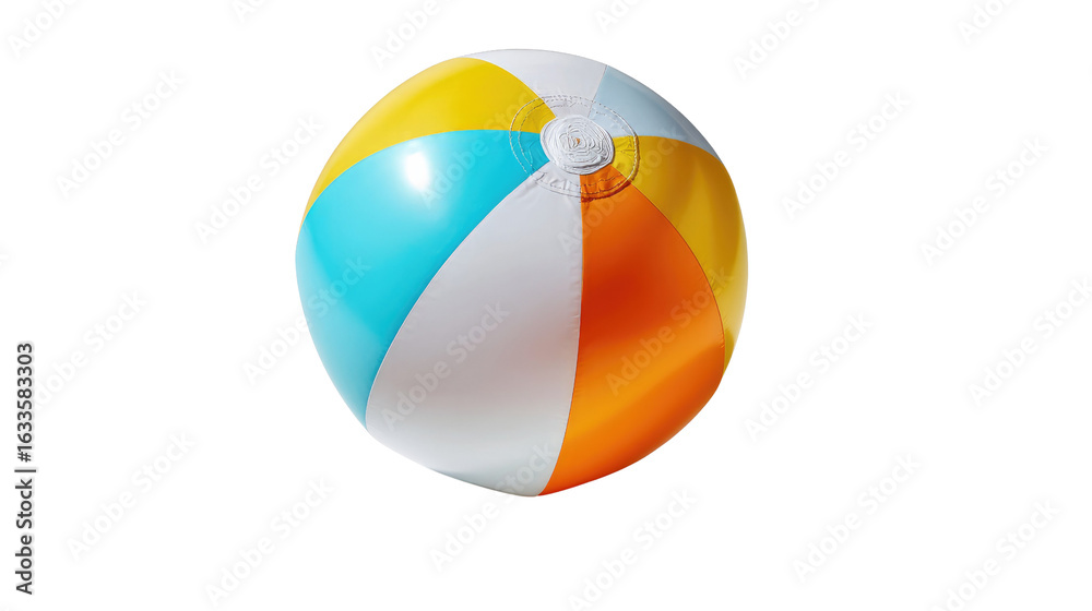 Fototapeta premium Colorful Beach Ball on a Sunny Day: A vibrant beach ball, adorned with cheerful stripes of yellow, blue, orange, and white, brings the joyful essence of summer to life.