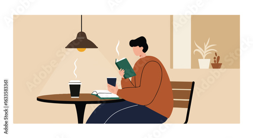 Person reading a book under a lamp with coffee on the table in a cozy room