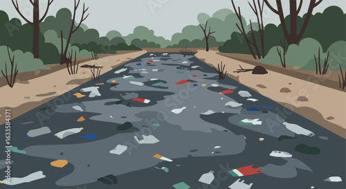 Polluted river flows through a landscape with bare trees and dense green bushes