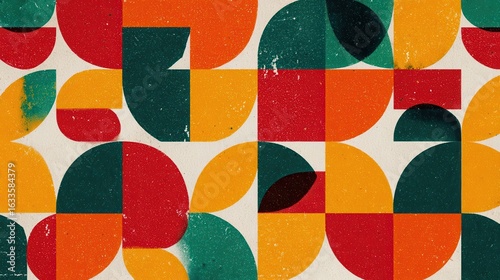 Geometric pattern of circles and squares in vibrant colors.