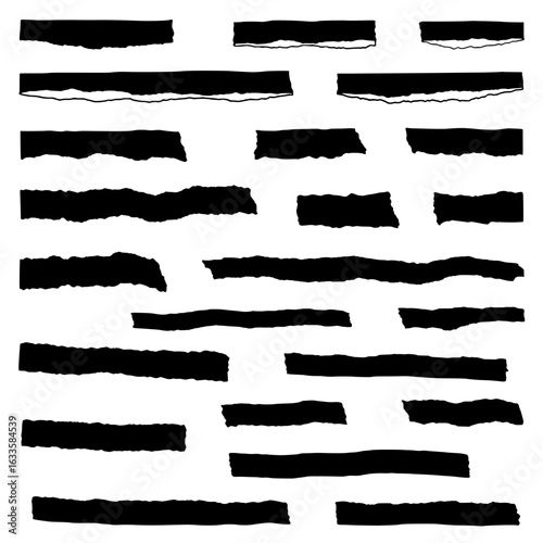 Torn Paper Fragments: A collection of ripped black paper strips and fragments, each bearing a unique texture. This image could represent destruction and deconstruction.