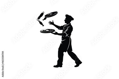 stylish elegant modern detailed professional high quality Chef expertly juggling multiple plates in a dynamic silhouette style showcasing culinary skill and precision in a high energy performance