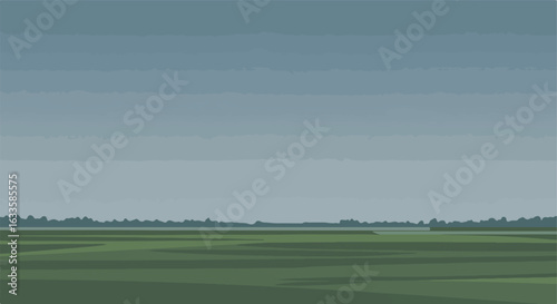 Flat landscape view of green fields and hazy sky on an overcast day