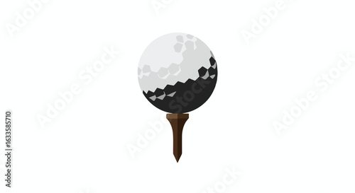 A golf ball with dimples resting on a brown tee against a white background
