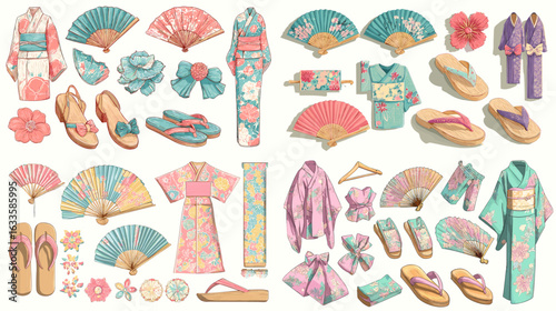 Elegant watercolor illustration of Japanese kimono, yukata, fans, sandals, and floral accessories. Traditional Asian fashion set perfect for culture, textile, and pattern design themes.