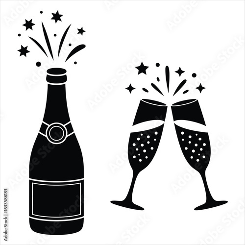 Champagne Bottle and Glasses Silhouette with Starbursts