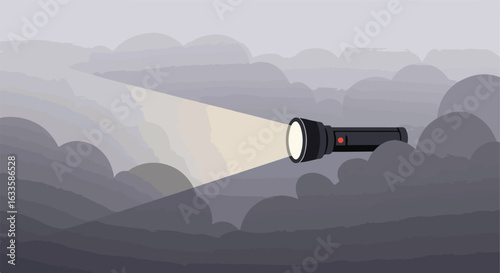 A flashlight illuminates gray fog