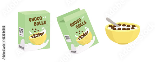 Serving cereal. Box cereal. Pouring cereal in bowl. Diet food. Breakfast food. Chocolate ball cereal.