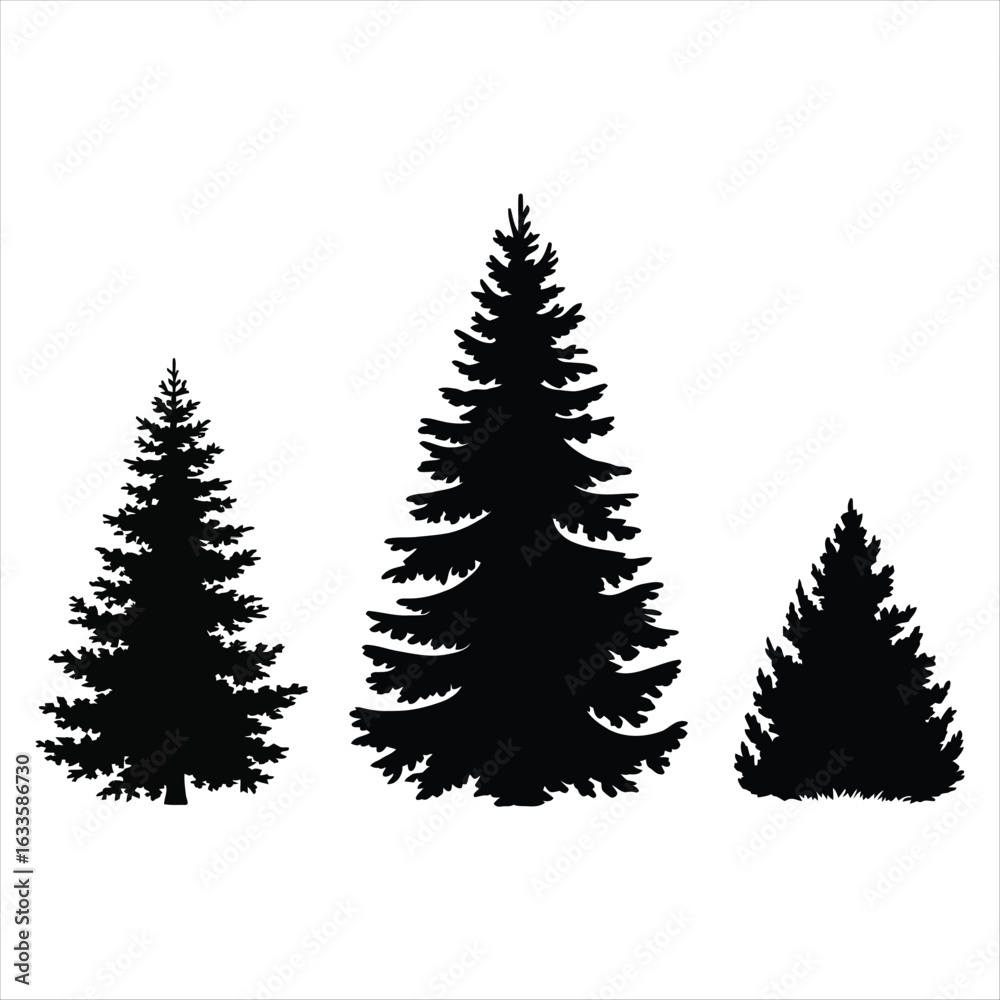 Obraz premium Black Silhouettes of Three Evergreen Trees on White Background