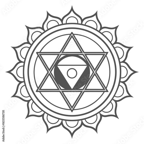 A stylized, circular mandala-like graphic featuring a prominent six-pointed star with internal geometric shapes, set against a backdrop of radiating petal-like elements.