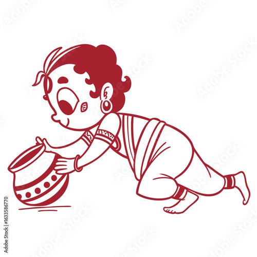 A charming cartoon illustration of a young child, adorned with traditional jewelry, playfully reaching for a decorative earthen pot.