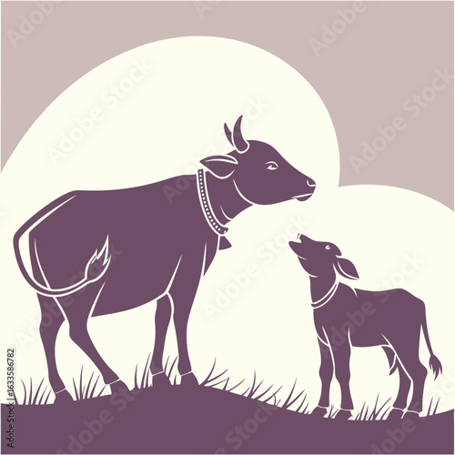 A stylized illustration of a mother cow with a bell looking at her calf, which is calling out, both standing on a grassy hill.