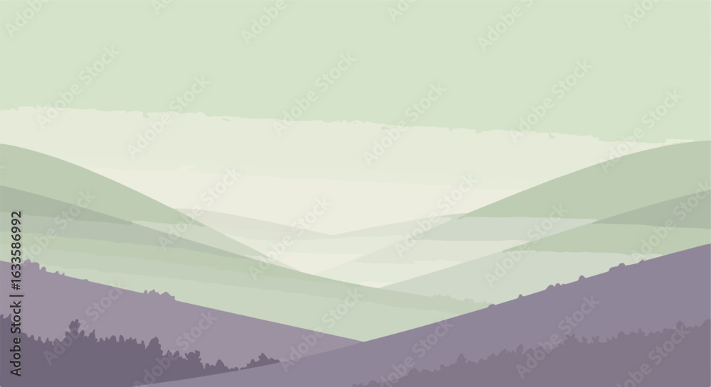 Fototapeta premium Layered hillsides cascade in muted tones, with trees near bottom
