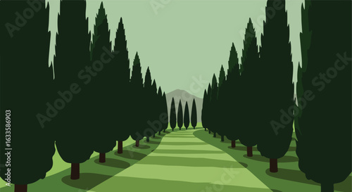 Cypress-lined path on a green field leads to distant mountains